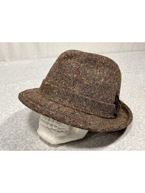 Vtg Fedora Hat Cap Tweed Wool Fleck Brown Size 7 1/4 USA United Hatters Feather